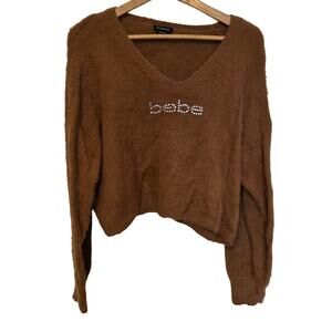 Golden Brown Fuzzy Bebe Sweater cropped boyfriend rhinestones relaxed large